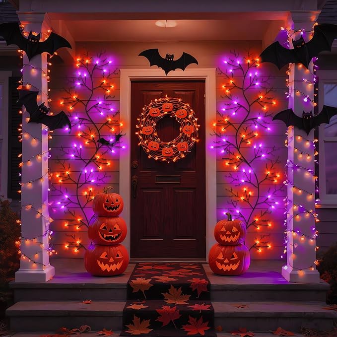 7 Ft Halloween Decorations Willow Vine Twig Garland with 8 Modes Timer 63 LED Orange Purple Lights, Halloween Garland with Waterproof Battery Operated for Wall Fireplace Decorations Indoor Outdoor