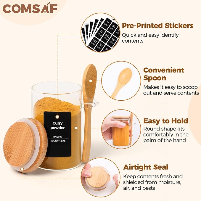 ComSaf 12 Pcs Glass Spice Jars and Spoons, 8oz Glass Containers with Bamboo Lids, Storage Containers with Airtight Lids with 275 Labels for Seasonings, Salt, Loose Leaf Tea Storage