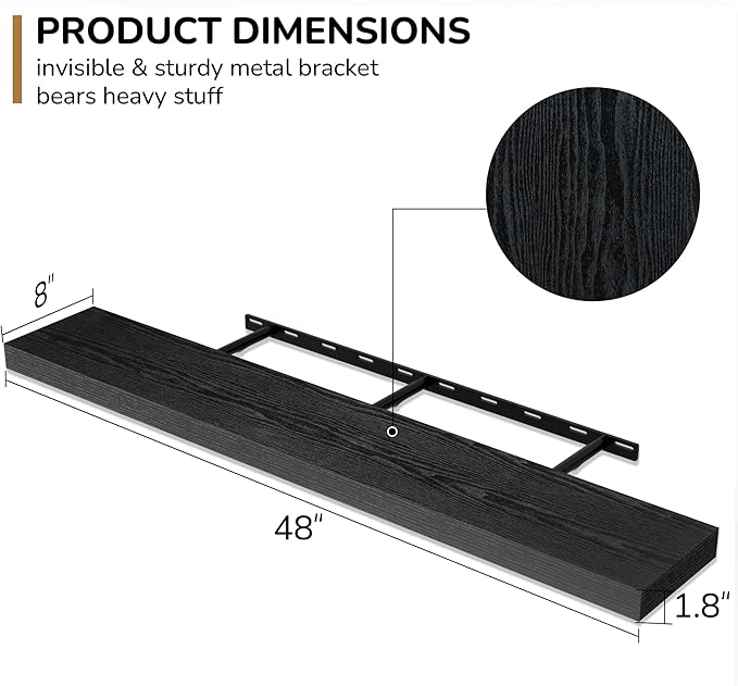 Fun Memories 48 Inch Floating Shelves - Fireplace Mantel Shelf - Deep Wall Mounted Wood Storage Shelf for Bedroom, Kitchen, Farmhouse - 1 Pack, Rustic Black