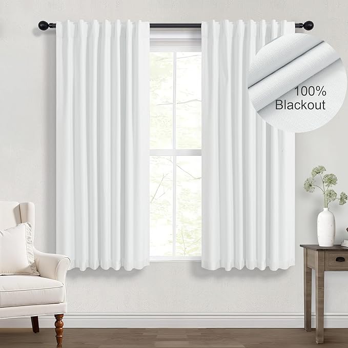 Elegant White Room Darkening Curtains 63 Inch Long Small Bay Window Full Blackout Dining Room Curtains Linen 63 Inch Length 2 Panels Privacy Insulated Bedroom Drapes for Living Room Divider Back Tab