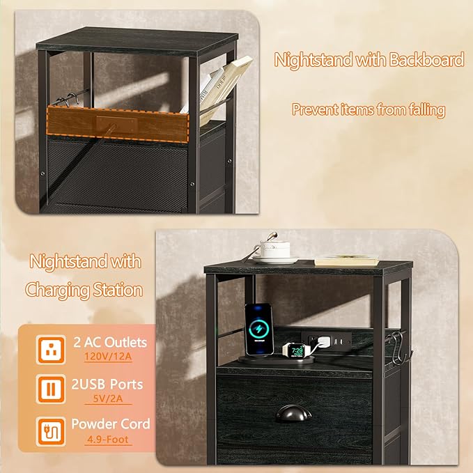 Furologee Nightstand with Charging Station, Black Night Stand with 2 Fabric Drawers, Side Table with USB Ports, End Table with Storage Shelf, for Living Room/Bedroom, Black Oak