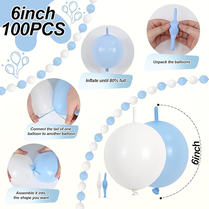 100PCS Blue and White Link Balloons, Baby Light Blue White Linking Balloons with Tail for Making Balloon Wall Arch and Chains, Quick Balloon for Wedding Birthday Baby Shower Party Decorations (6inch)