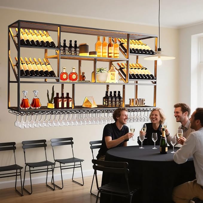 59Inch Wall Mounted Wine Rack, 3 Tiers Large Bar Shelves with 14 Glass Holder, Metal Wine Bottle Display Shelf, Modern Iron Liquor Shelf, for Kitchen Dining, Home Bar, Cellar (59.1" W)