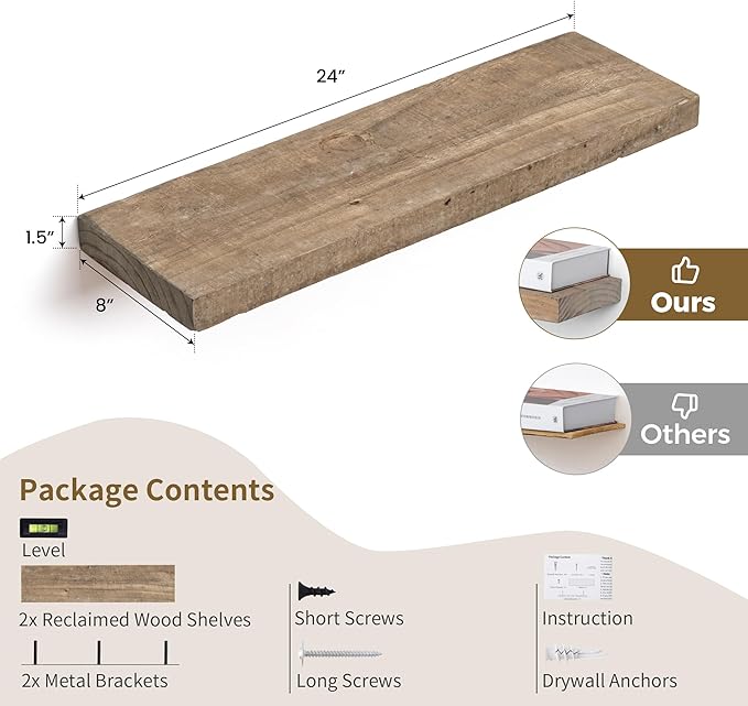 Floating Shelves, 8 Inch Deep Rustic Solid Reclaimed Wood Wall Shelves for Storage, Wall Mounted Display Shelving with Invisible Heavy-Duty Metal Bracket, 24 Inch Width Set of 2, Natural