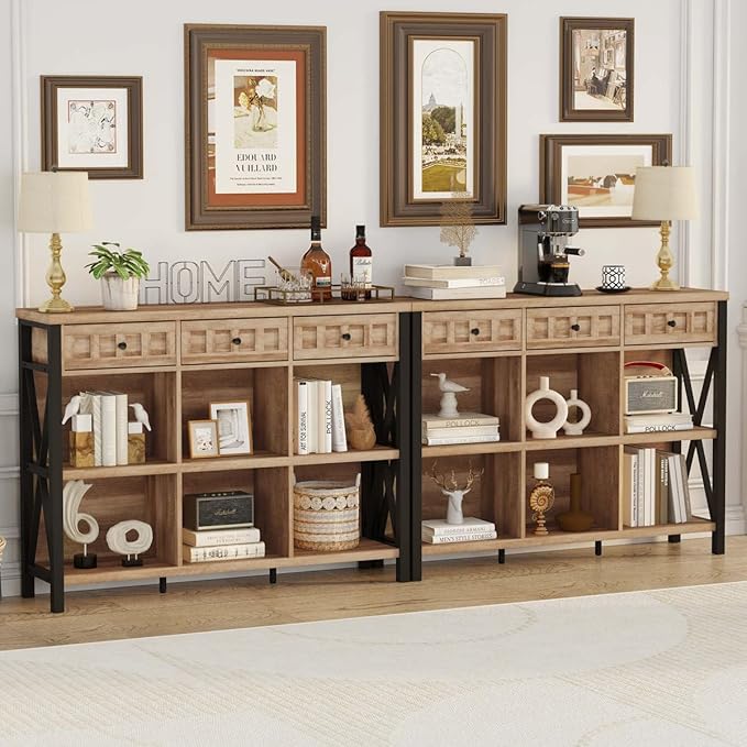 FATORRI Rustic 6 Cube Storage Organizer Shelf with 3 Drawers, Long Horizontal Bookshelf, Industrial Wood and Metal Cubby Bookcase for Living Room (Rustic Oak, 47 Inch)