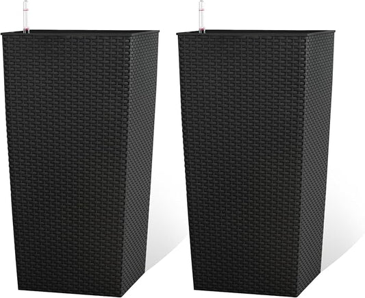 2Pcs 23in High Large Plant Pots Planter-Self-Watering,Modern Planter with Drain Holes,Water Level Monitor,Inner Bucket for Indoor/Outdoor Front Porch Patio,Black Rattan