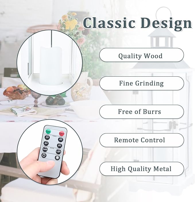 Bdor 2 Pack 26in Farmhouse White Waterproof Wood Metal Decorative Lanterns with Remote Control, Timer, Tempered Glass, Flameless Pillar Candles, Decorative Lanterns for Front Porch, Wedding