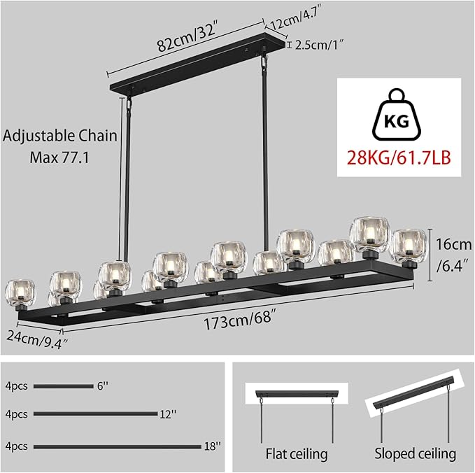 72 Inch Black Rectangle Wagon Wheel Chandeliers, Chandelier for Dining Room Over Table, Modern Crystal Long Chandelier for High Ceiling, Farmhouse Large Linear Chandeliers for Kitchen Island