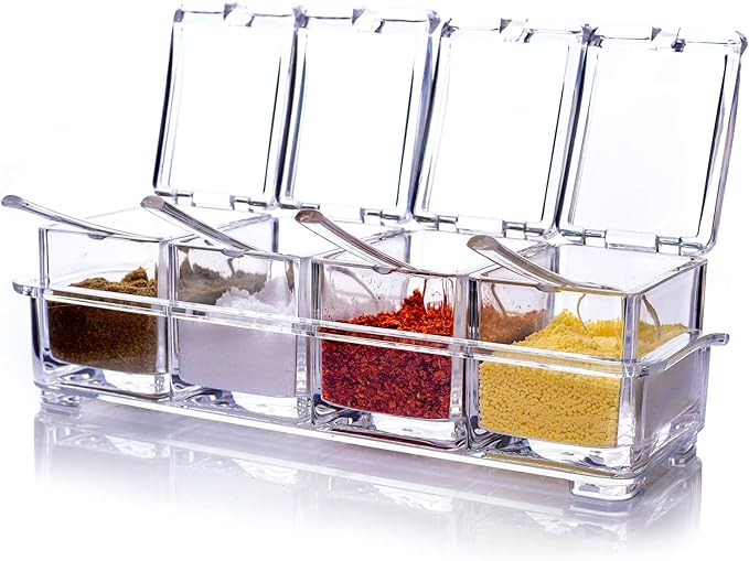 ME.FAN Clear Seasoning Rack Spice Pots - 4 Piece Acrylic Seasoning Box - Storage Container Condiment Jars - Cruet with Cover and Spoon