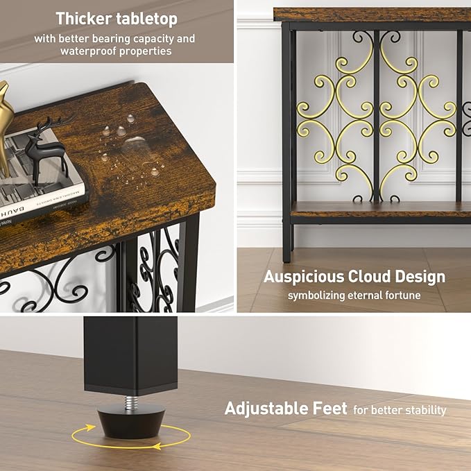 ikkle 70.9" Extra Long Console Table, Industrial Narrow Sofa Table Behind Couch with 2 Tier Storage Shelf, Entryway Hallway Accent Table for Living Room, Foyer, Rustic Brown
