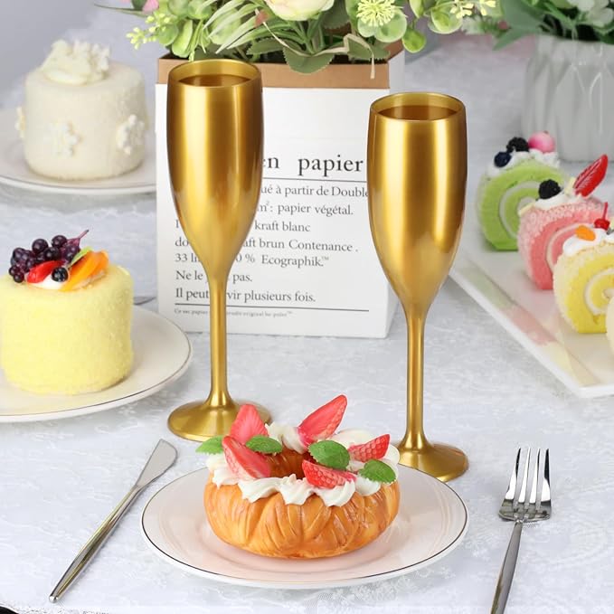 XUWAIDSGN Acrylic Champagne Flutes Toasting Glasses Unbreakable Mimosa Bar Reusable Wine Glasses Vintage Champagne Flutes Stemmed Drinking Cups 5.4 OZ for Christmas Birthday (100, Gold)