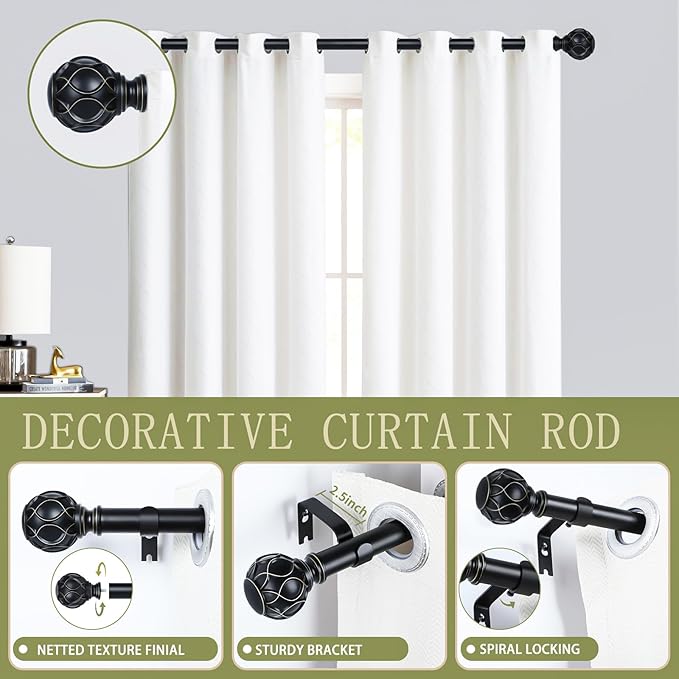 Black Adjustable Curtain Rods for Windows:18-60" Farmhouse Heavy Duty Curtain Rod for Bedroom Living Room,Boho Decorative Rustic Drapery Rods with Vintage Coastal Texture Finial,Matte Black
