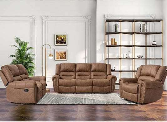 CANMOV Faux Leather Manual Recliner Sofa Set, Manual Recliner Chair, Reclining Loveseat and 3-Seat Sofa for Living Room,Bedroom Furniture, Office,Nut Brown