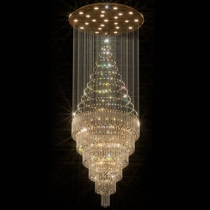 Flashing God D48''X H120''High Ceiling Chandelier Crystal Raindrop Gold Chandeliers Large Villa Chandelier Entrance Foyer Hight Ceiling Lighting LED Dimmable 2700K-4500K-6000K 24 LED Bulbs Include