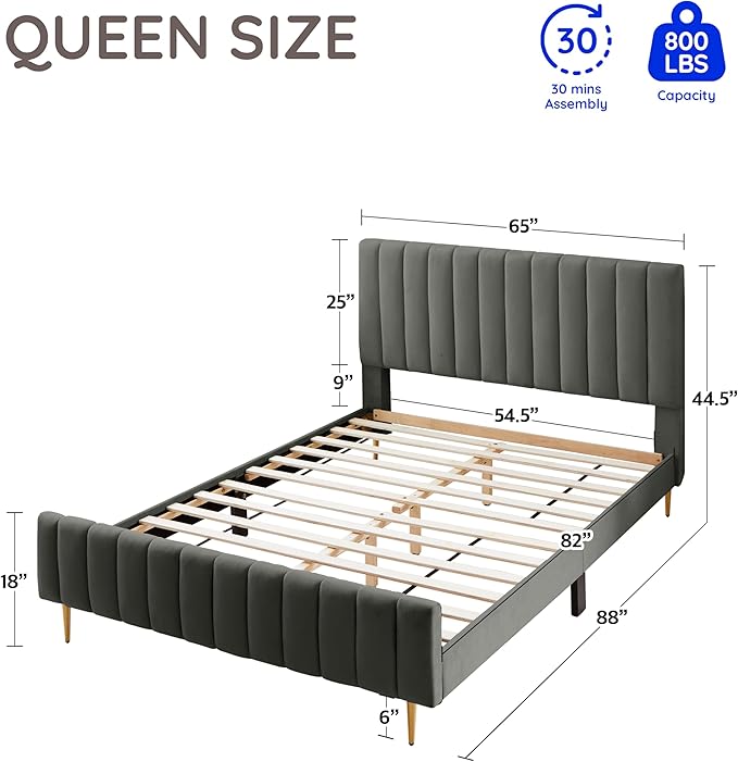 Livinia Queen Size Elton Velvet Platform Bed, Upholstered Bed Frame with Vertical Channel Tufted Headboard Footboard, Strong Wood Slats, No Box Spring Needed, Gray (Queen)