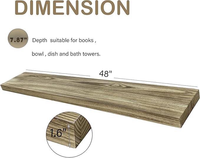 48 Inch Floating Shelves, 8 Inch Deep Floating Shelves for Wall, Hanging Shelf with Invisible Brackets, Wall Mounted Display Shelves for Bathroom, Bedroom, Living Room,3 Tier