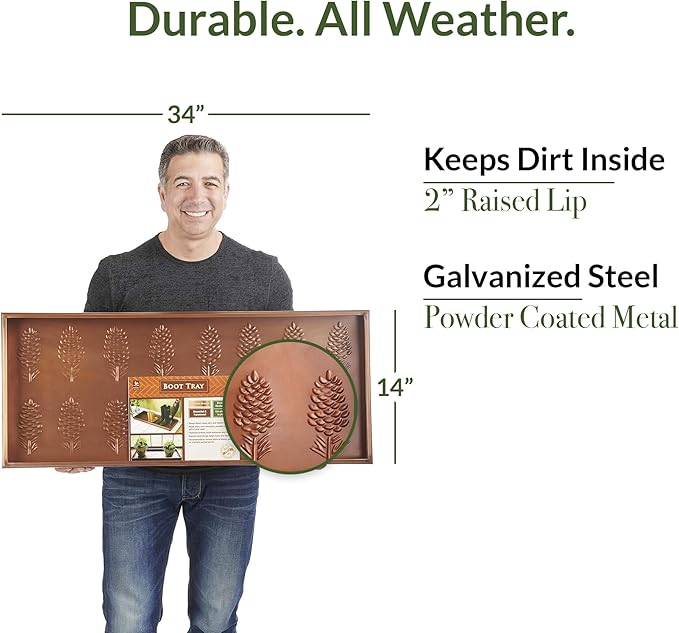Good Directions Large Boot Tray, Pine Cones Multi-Purpose All Weather Decorative Boot Tray, Shoes, Plants, Garage, Patio Door, Pet Bowls, 35 inch Entry Indoor Shoe Tray, Copper Finish