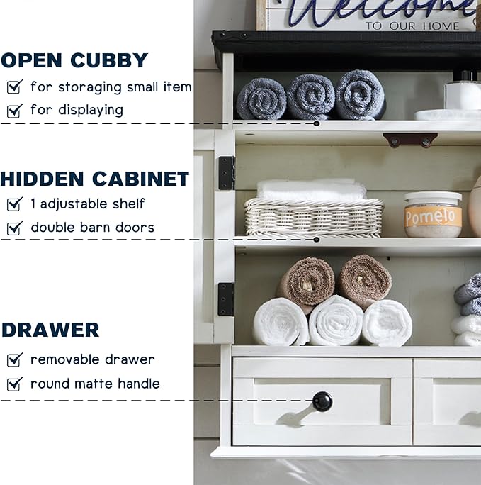 Bathroom Wall Cabinet, Farmhouse 24" Wide Medicine Cabinet with Drawer, Adjustable Shelf, Double Barn Doors, Storage Cabinets for Bathroom, Kitchen, Living Room, Off White