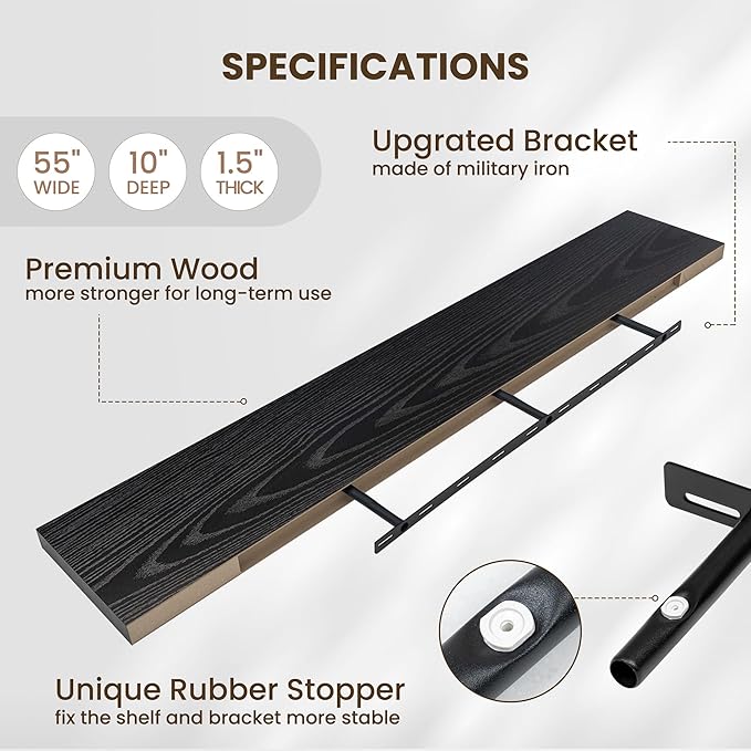 Fun Memories 55 Inch Fireplace Mentel Shelf, 10 Inch Deep Shelves for Display & Wall Storage, Rustic Wood Wall Shelf, Extra Long Floating Shelves for Living Room Laundry Room, Black, Set of 1