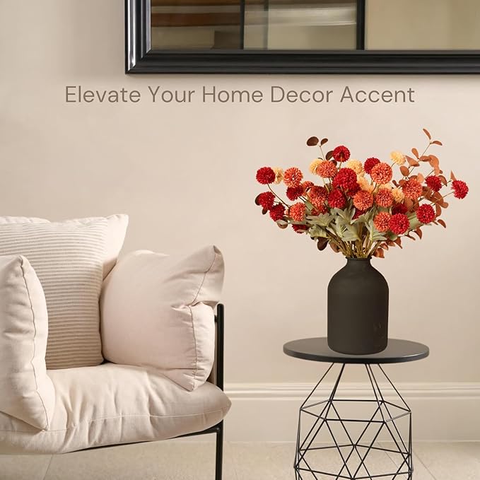 Fall Flowers, Burnt Orange Faux Kiku Flowers Artificial 10 Stems + Eucalyptus, Fake Silk Mums Fall Floral Centerpiece, Autumn Decor, Terracotta Mini Balls Faux Stems For Vase, Decoración de Otoño