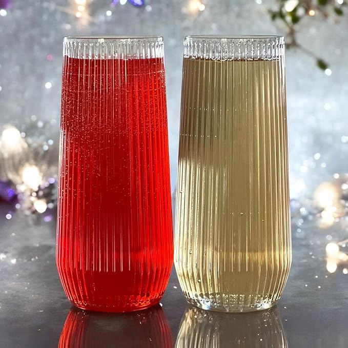 24 Pack Ribbed Origami Ripple Plastic Glasses, 12-9 Ounce Stemless Champagne Flutes & 12-12 Ounce Cups, BPA-Free Disposable Shatterproof Toasting Glasses for Weddings, Bars, and Events (Clear)