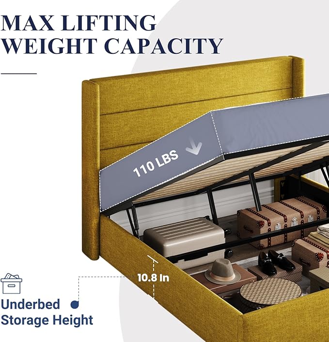 Allewie Queen Size Lift Up Storage Bed, Modern Wingback Headboard, Hydraulic Support, No Box Spring Needed, Olive Yellow