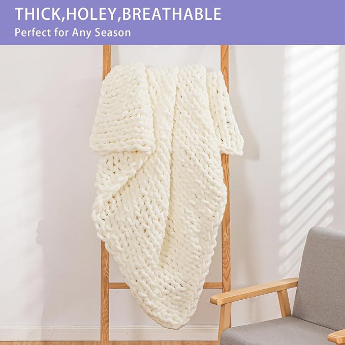 Bigacogo Chunky Knit Throw Blanket for Couch, 40x40 inches, 100% Hand Knitted with Thick Jumbo Chenille Yarn, Cozy Soft Large Rope Knot Cable Crochet Blankets for Sofa Bed Living Room, Ivory