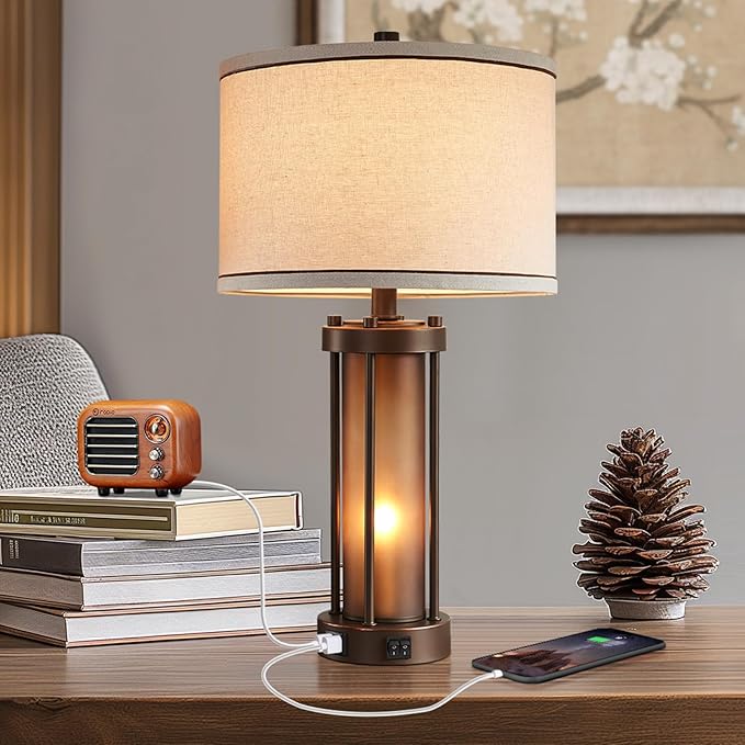 Farmhouse Table Lamps for Living Room with 2 USB Charging Ports, Vintage Rustic Nightstand Lamp with Amber Glass Nightlight, Retro Desk Lamp for Bedroom Entryway, 2 Bulbs Included