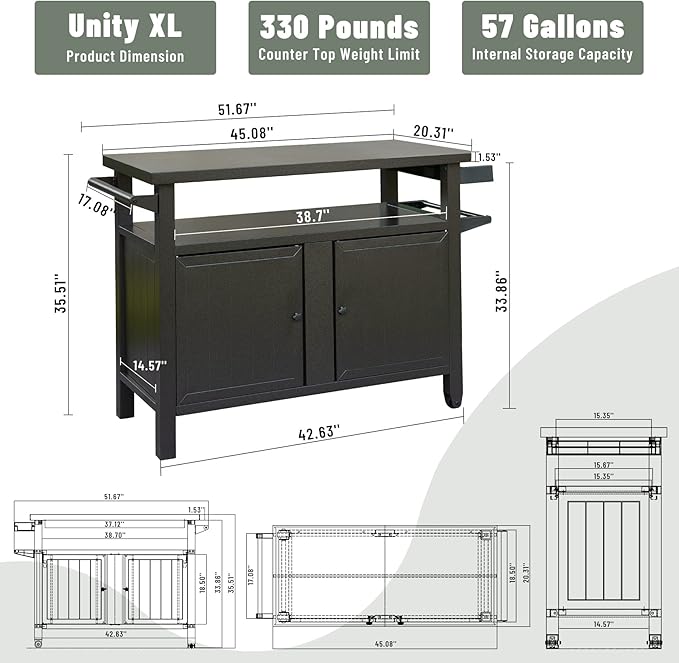 Domi Grill Carts Outdoor with Storage and Wheels, Whole Metal Portable Table and Storage Cabinet for BBQ,Deck,Patio,Backyard (Brown, L45xW20.31xH35.51 Inch)