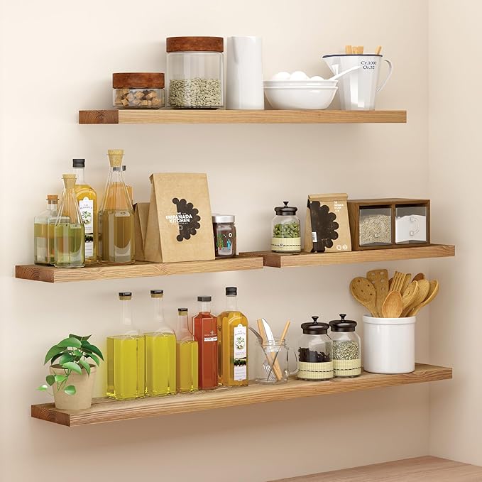 BGMG Wood Floating Shelves 48 inch Set of 2, Rustic Wooden Wall Mount Shelves for Living Room Bedroom Kitchen Farmhouse-48x6.7x1.25 inch- Gold Oak