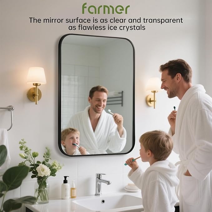 FARMER 20x28 Inch Black Bathroom Mirror, Rectangle Vanity Mirror, Brushed Mirrors for Wall, Metal Frame Hanging Mirror with Round Corner for Bedrooms, Entryways, Living Rooms, Horizontal/Vertical