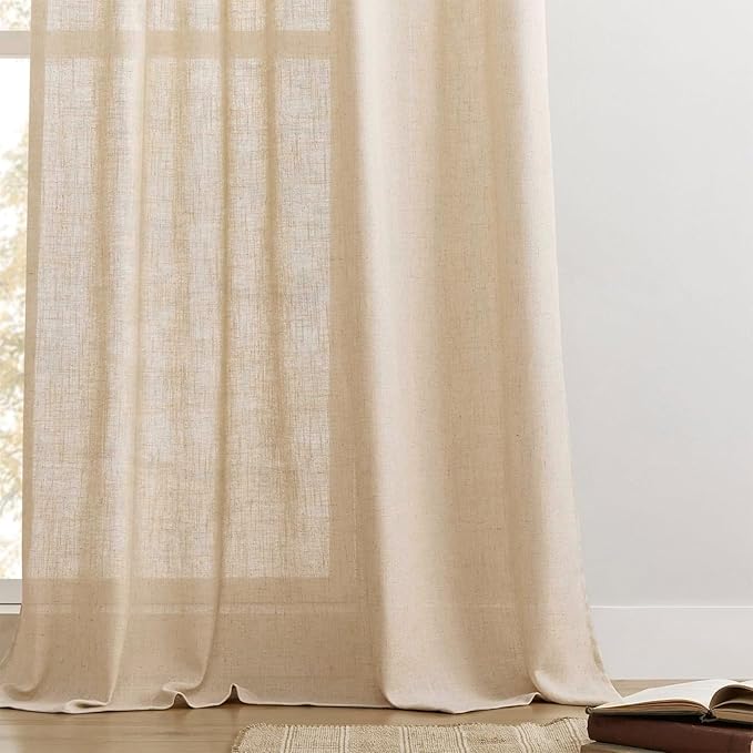 Joydeco Linen Curtains 96 Inch Length 2 Panel Sets,Light Filtering Curtains for Bedroom 52 Inch Wide Living Room Drapes with Back Tabs & Rod Pockets (W52 x L96 Inch, Ecru)