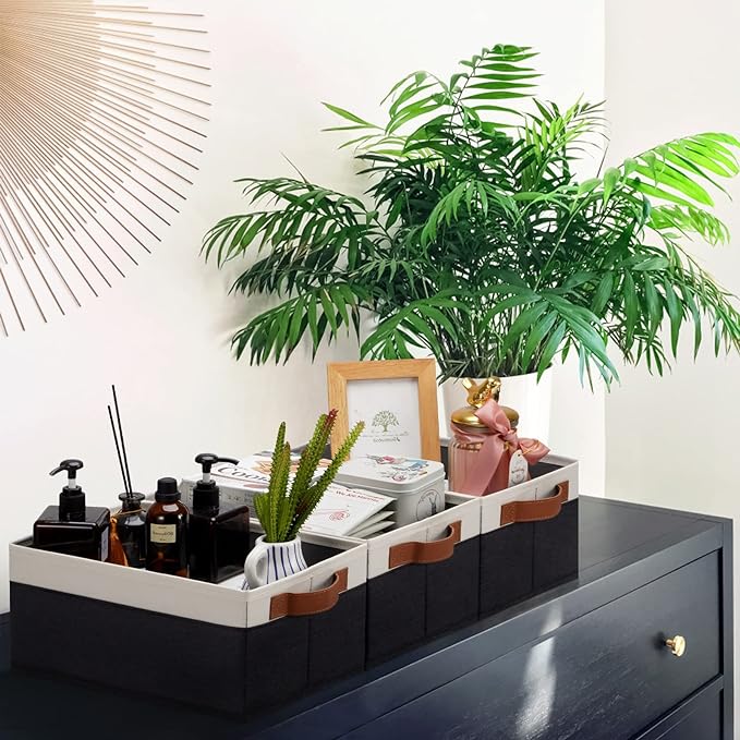 GhvyenntteS Storage Baskets for Organizing, Fabric Storage Bins with Leather H&les, Foldable Rectangular Storage Baskets for Shelves, Closets, Home, Office(Black/White, 6 Pack)11.8X7.9X5.1 in