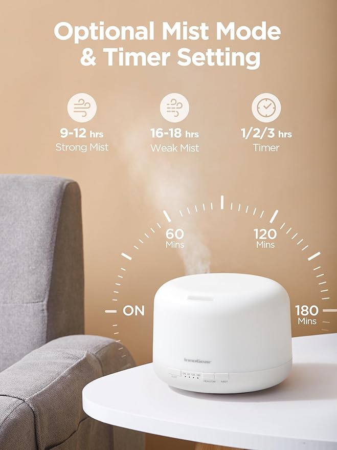 InnoGear 500ml Essential Oil Diffuser with Remote Control, Premium Ultrasonic Aromatherapy Diffusers Scent Humidifier Vaporizer Auto-Off Timer for Large Room Home, Basic White