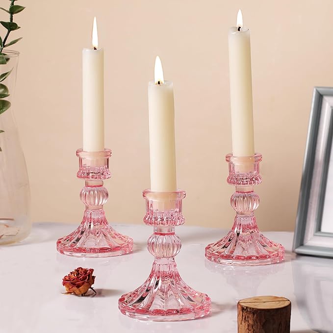 12PCS Pink Candlestick Holders Set- 4" H Taper Candle Holders, Glass Candle Holders Bulk for Wedding, Party, Home Table Centerpieces, Festival Gifts & Windowsill Decor