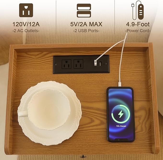 AWASEN Mid Century Nightstand with Charging Station, Modern Bedside Table with Glass Decorative Drawer, Small End Side Table with 2 Tiers Storage for Bedroom, Office and Small Space(Brown)