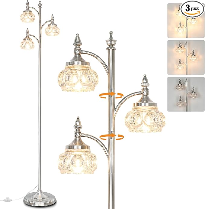 Brushed Nickel Floor Lamp 66.5'' Tall Standing Lamp Dimmable Tree Floor Lamps with 3 LED Lights Glass Shades Silver Lamp for Living Room Bedroom Office(3 Bulbs Included)