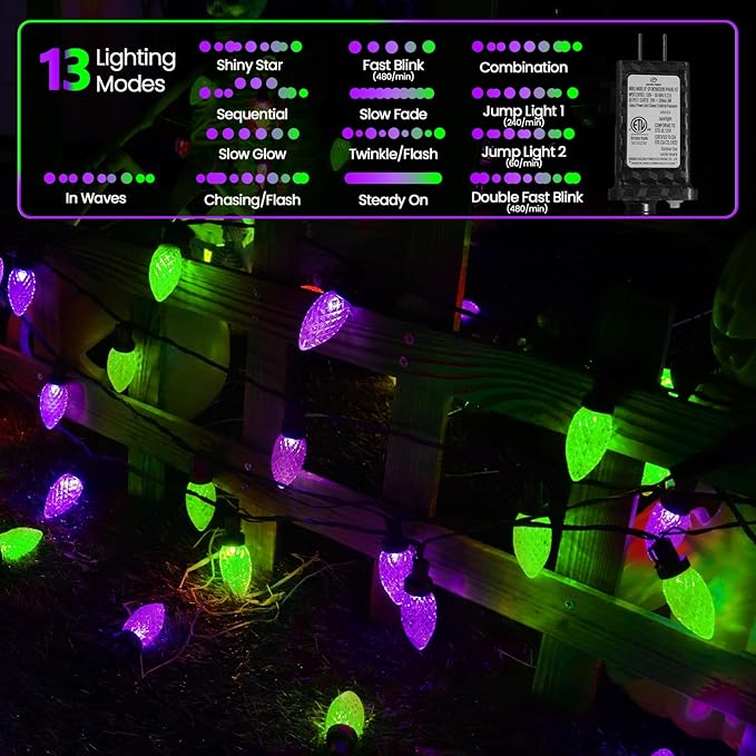 Extendable Purple and Green 2PK 100 LED C9 Halloween Lights Indoor Outdoor Waterproof, 98FT Super Bright C9 String Lights 13 Modes with Timer for Tree Patio Party Garden Halloween Decorations