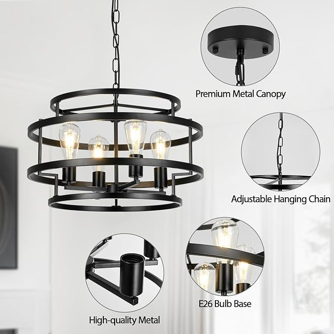 4-Light Black Chandelier for Dining Room, 19.7" Modern Farmhouse Pendant Light with Geometric Metal Frame, Industrial Flush Mount Ceiling Light for Living Room, Bedroom, Kitchen Island, Hallway, Foyer