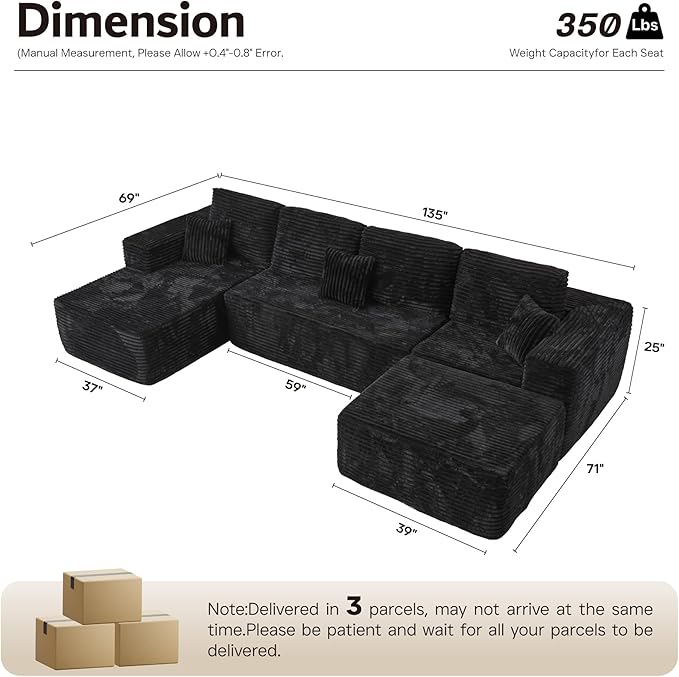 ovios Sectional Cloud Couch for Living Room, Modular Floor Sofa with Plush Corduroy, No Assembly Required, Big Comfy Couches Set with Fluffy Memory Foam, Stupendous U Shaped Sofas with Chaise, Beige