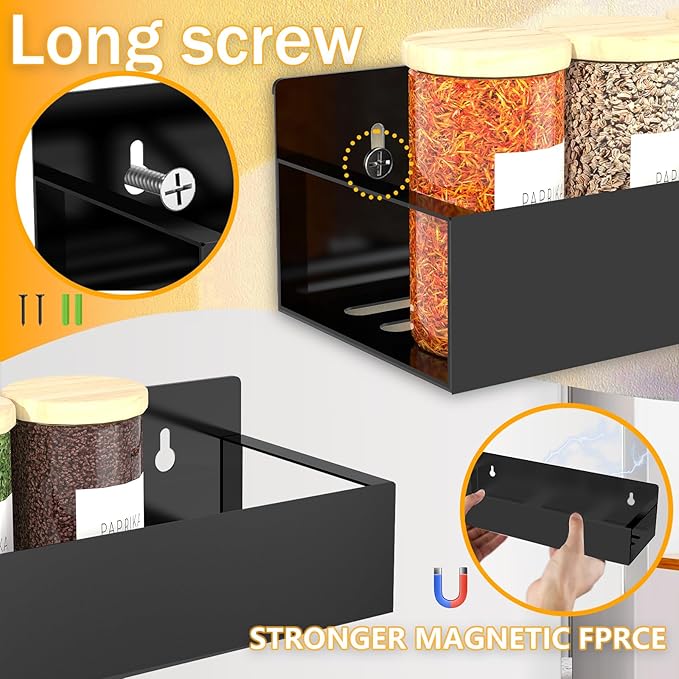 Magnetic Spice Rack Organizer for Fridge Seasoning Organizer for Kitchen storage with Screw or Adhesive Hanging,Magnetic Shelf with Hook for Refrigerator and Oven (6pack)