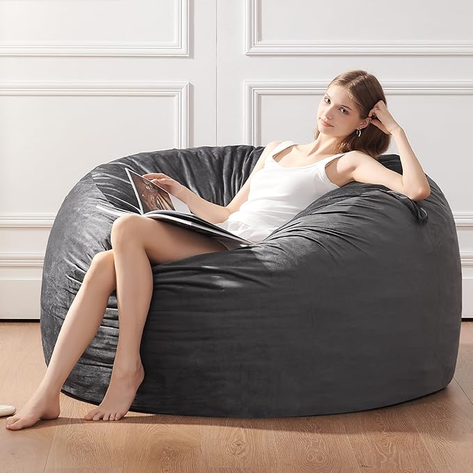 Bean Bag Chairs for Adults - Memory Foam Furniture BeanBag Chair - Kids/Teens Sofa with Soft Micro Fiber Cover - Round Fluffy Couch for Living Room Bedroom College Dorm - 3 ft, Gray Stripe