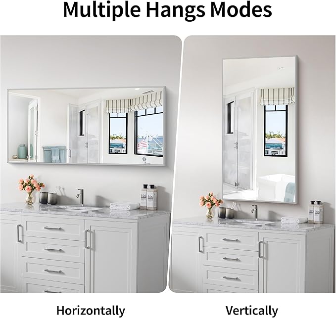 48x24In Silver Bathroom Mirror for Wall, Brushed Nickel Rectangle Mirrors with Metal Frame, Bathroom Rectangular Mirror Modern Wall Mirror for Bedroom Living Room, Hangs Horizontal or Vertical