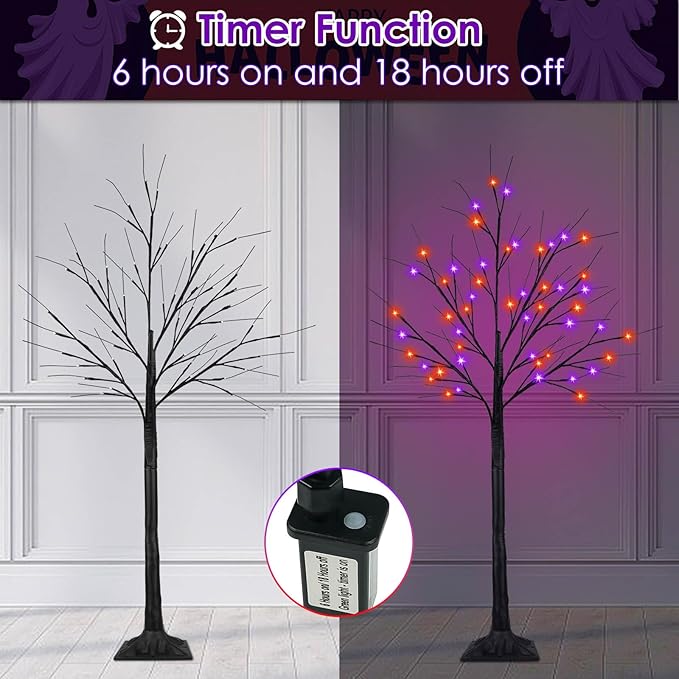 2Pack 4FT 100LED Black Halloween Tree Lights, Timer Function Halloween Trees with Purple and Orange Lights, Spooky Trees Light for Indoor Outdoor Halloween Decorations
