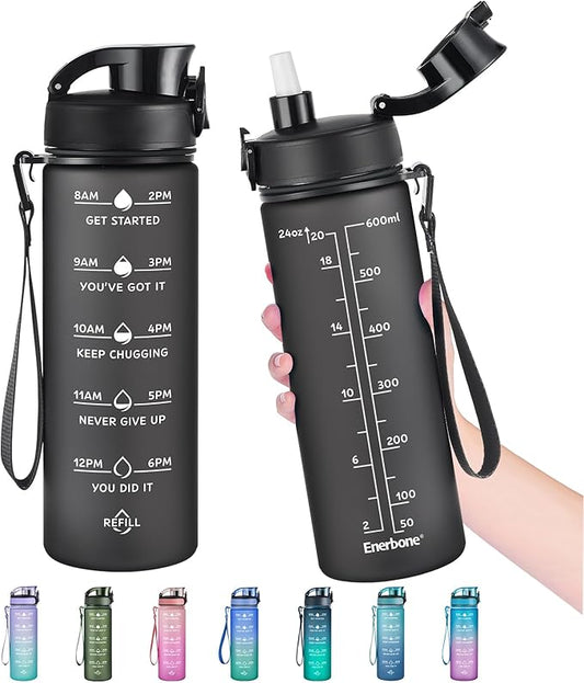 Enerbone Water Bottle, Leakproof BPA & Toxic Free, Motivational Water Bottle with Times to Drink and Straw, Fitness Sports Water Bottle with Strap for Office, Gym, Outdoor Sports