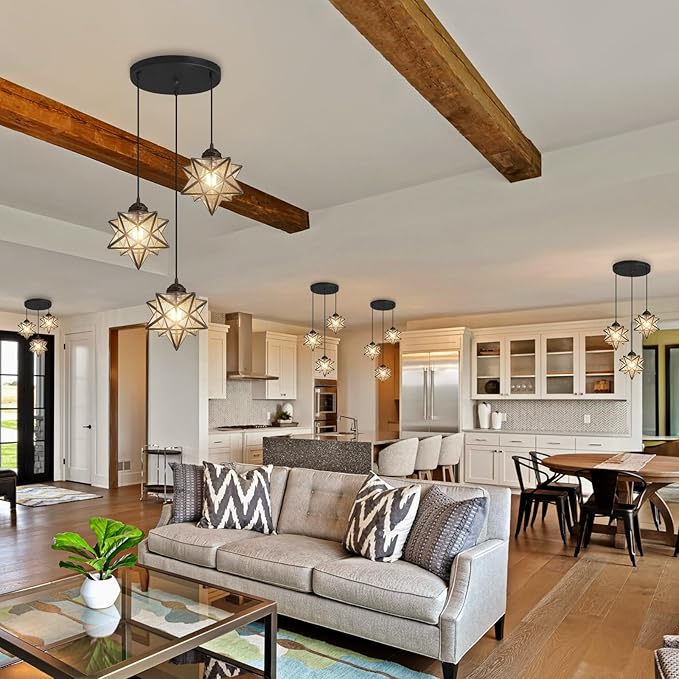 Farmhouse Glam Chandelier with Glass Star Pendants Light Fixture Elegant Ceiling Hanging Lights Included Warm Light Bulbs Black