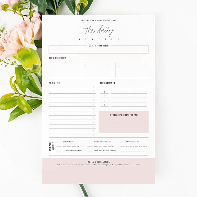 Bliss Collections Daily Planning Pad, To Do List Notebook - Undated Tear-Off Sheets Notepad - Work Calendar, Organizer, Scheduler for Goals, Tasks - Simple (Pink), 6" x 9", 50 Sheets