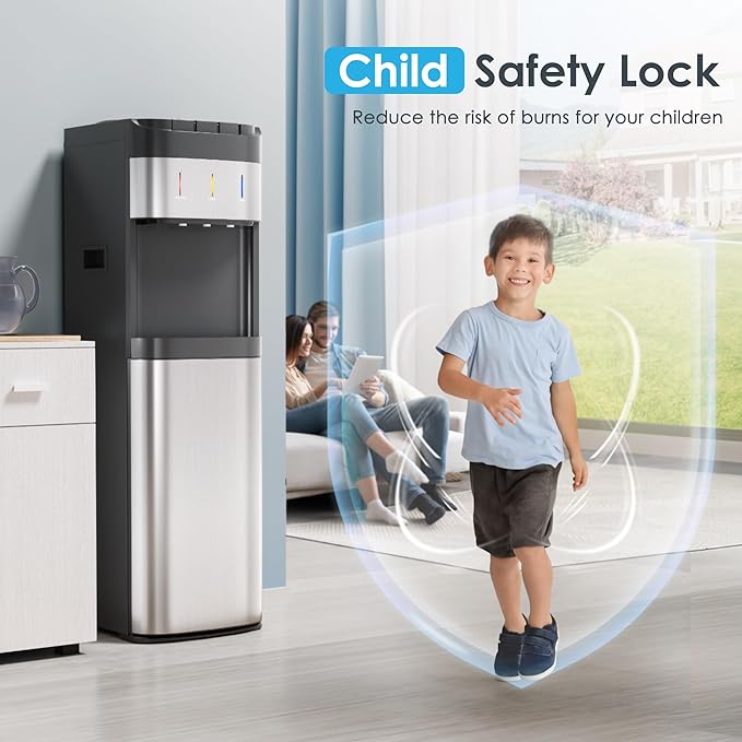 Euhomy Bottom Loading Water Cooler for 5 Gallons, 3 Temperature Settings-Cold/Hot/Warm, Child Safety Lock, Water Dispenser for Apartments, Schools, Companies, Black+Sliver