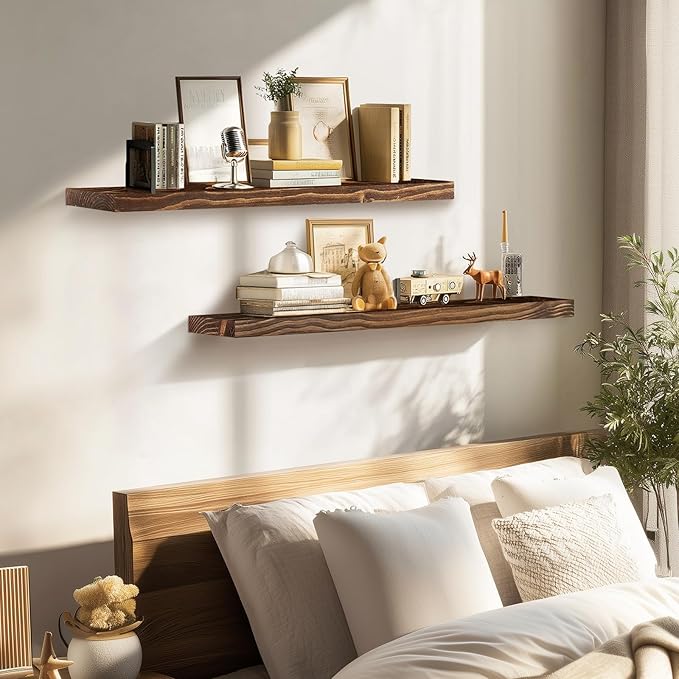 36"x6.8"x1.2" Solid Wood Floating Shelves 2-Pack - Rustic Brown Finish with Hidden Brackets, Perfect for Storage and Décor in Living Room, Kitchen, Bedroom