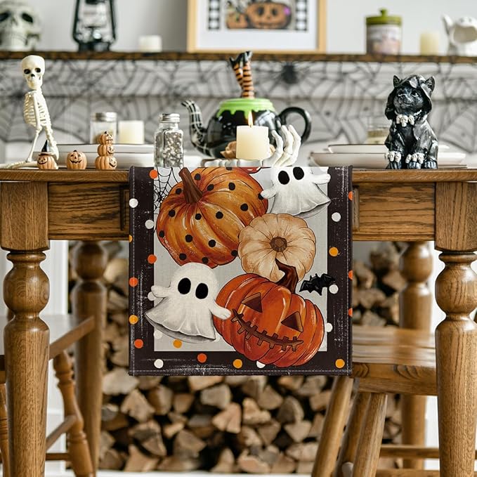 Artoid Mode Jack-O'-Lantern Pumpkin Ghost Spider Web Halloween Table Runner,Holiday Kitchen Dining Table Decoration for Home Party Decor 13 x 48 Inch